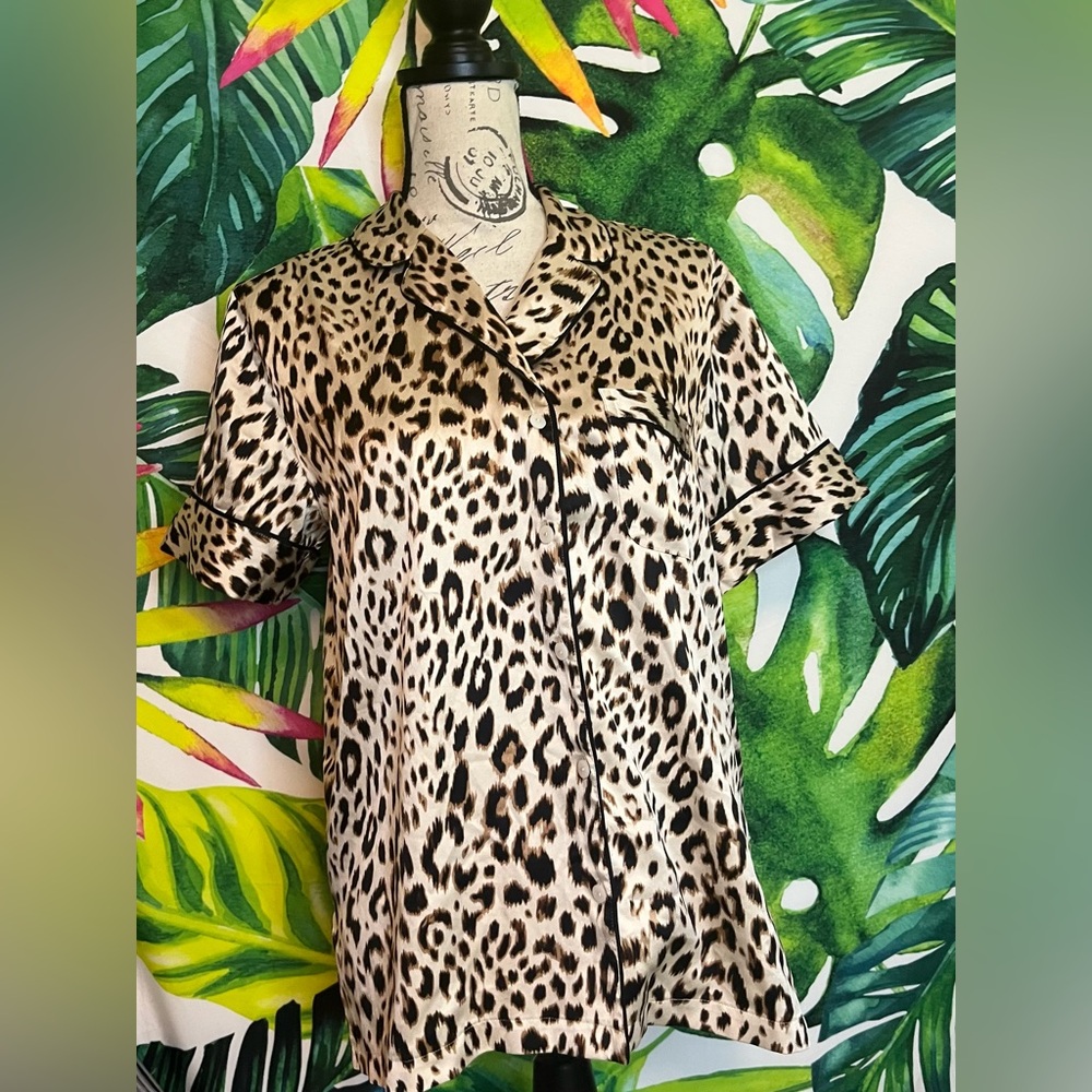 Victoria’s Secret S Tan Black Leopard Satin Button Up Lounge PJ Sleep Dorm Shirt
